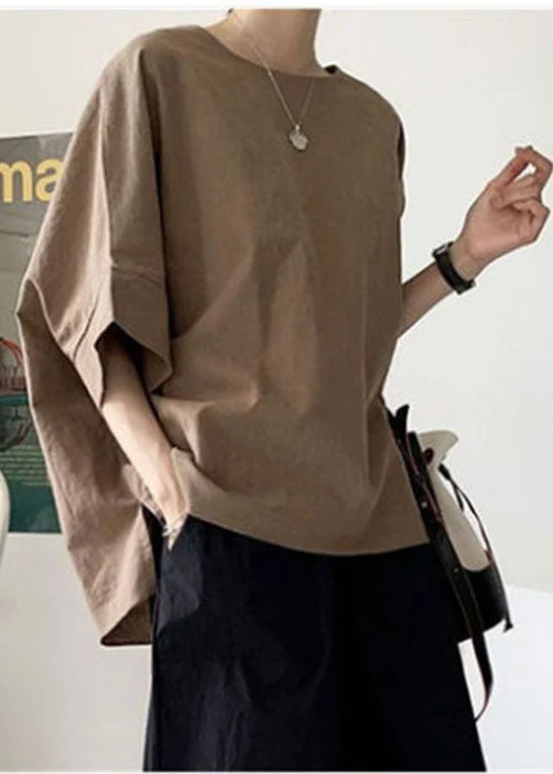 Casual Brown O-Neck Oversized Side Open Cotton Tank Half Sleeve casual tank top