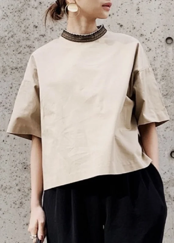 Casual Khaki Stand Collar Oversized Patchwork Cotton Tank Short Sleeve summer tank top Casual Khaki Stand Collar Oversized Patchwork Cotton Tank Short Sleeve summer tank top