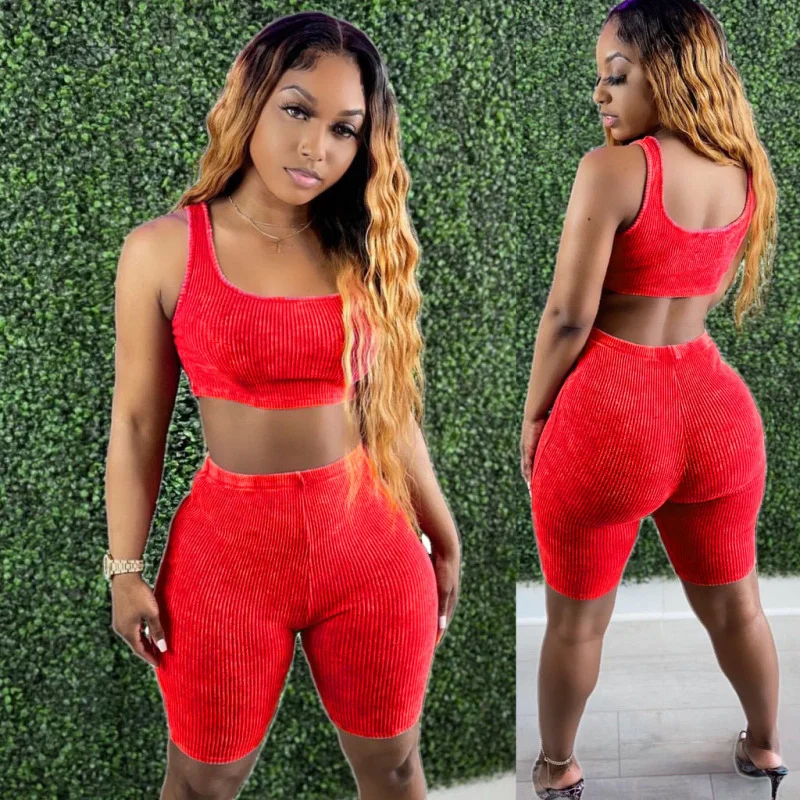 Fashion Women Athleisure Solid Color Rib-Knit Tank Top Shorts Casual Fashion Sports Set pastel tank top