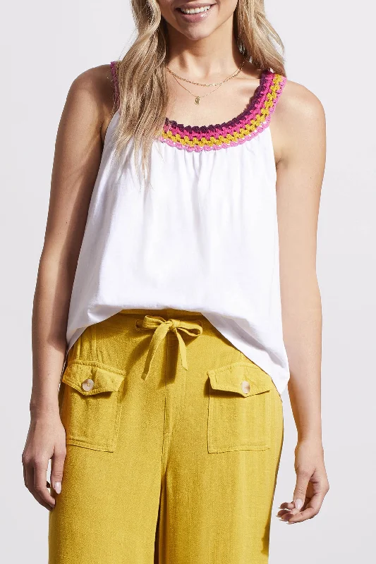 Tribal Flowy Tank Top w/ Crochet Neckline 5502O-4970-0001 White relaxed fit tank