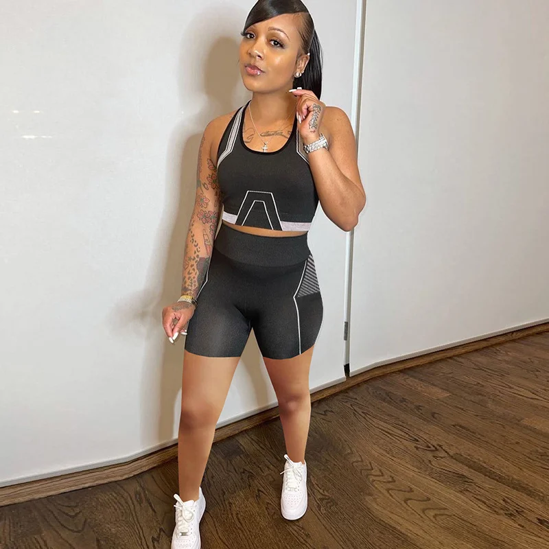 Women'S Fashion Casual Athleisure Printing Cropped Tank Top And Tight Shorts Sports Two-Piece Set off shoulder tank