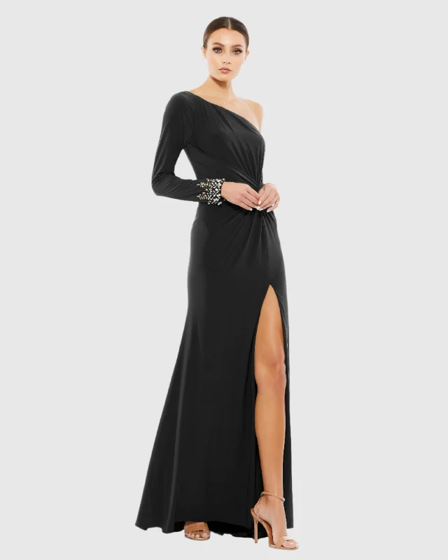 Black One Sleeve Beaded Cuff Side Twist Gown