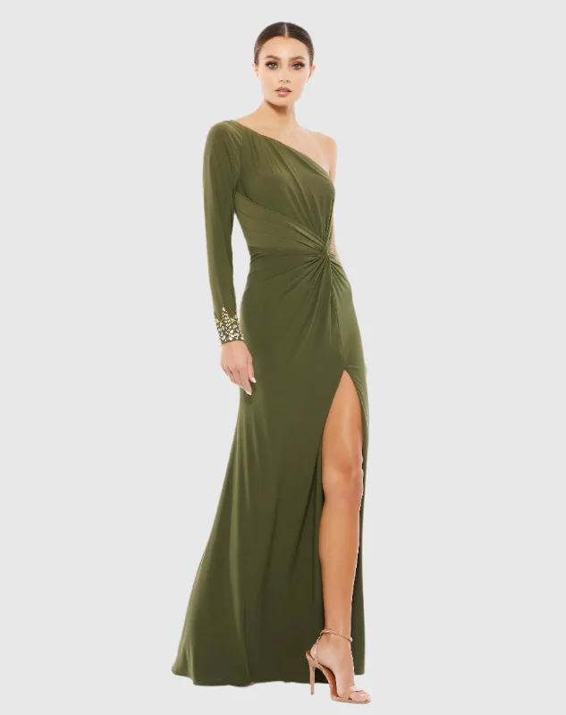 Olive Green One Sleeve Beaded Cuff Side Twist Gown