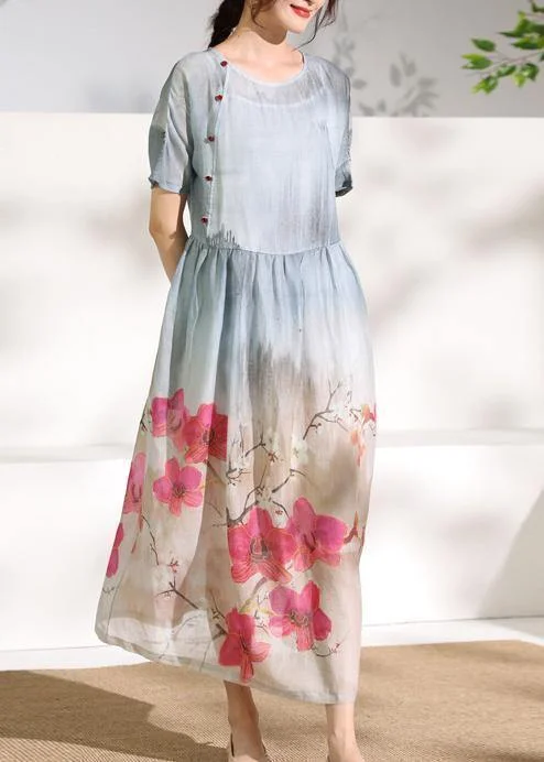 Art gray print linen dresses o neck patchwork Dresses