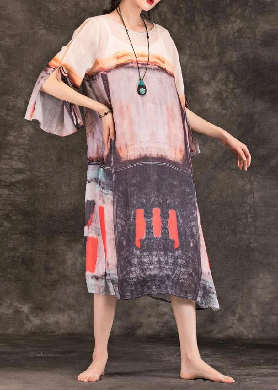 Art multicolor linen clothes For Women o neck side open shift summer Dress