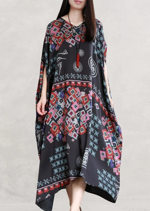 Beautiful black print clothes v neck Batwing Sleeve Traveling summer Dress