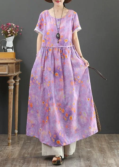 Beautiful o neck drawstring cotton linen summer clothes purple print Dress