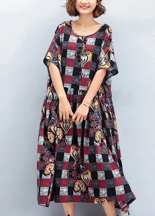 Beautiful o neck large hem linen quilting dresses To Get design red Plaid Art Dress summer