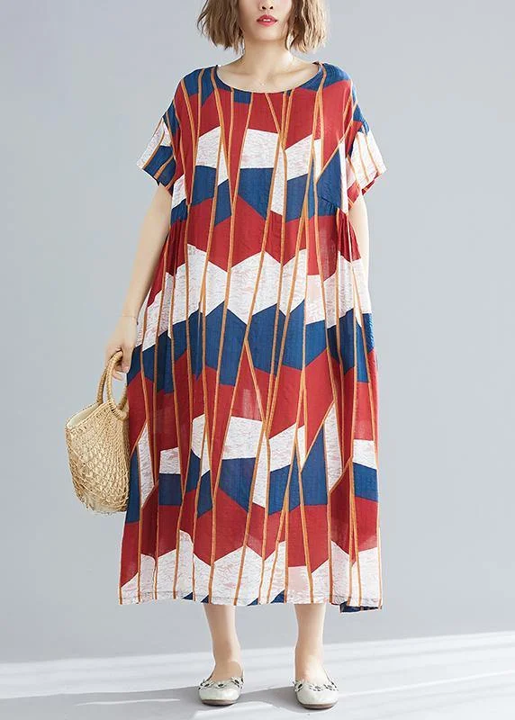 Beautiful red blue Plaid cotton quilting clothes Plus Size pattern o neck Kaftan Summer Dress Beautiful red blue Plaid cotton quilting clothes Plus Size pattern o neck Kaftan Summer Dress