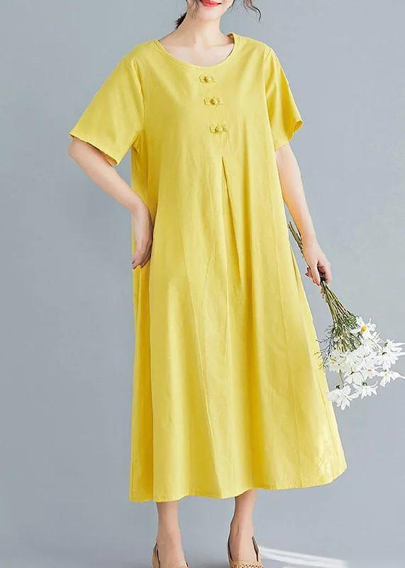 Beautiful yellow solid color cotton tunics for women o neck long summer Dress