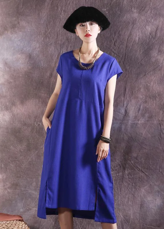 Bohemian blue Cotton Tunic asymmetric hem Plus Size summer Dresses