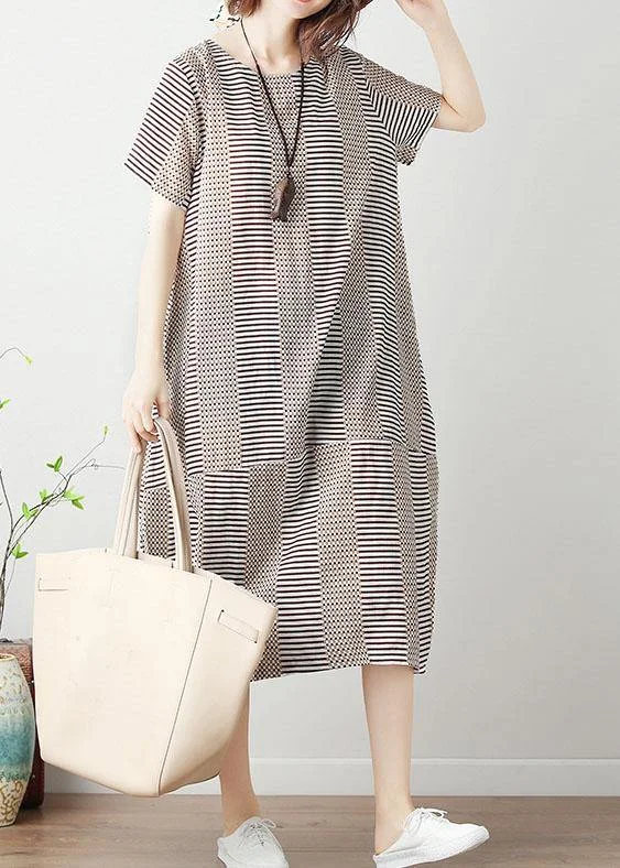 Bohemian light khaki striped Cotton tunics for women o neck patchwork cotton summer Dress