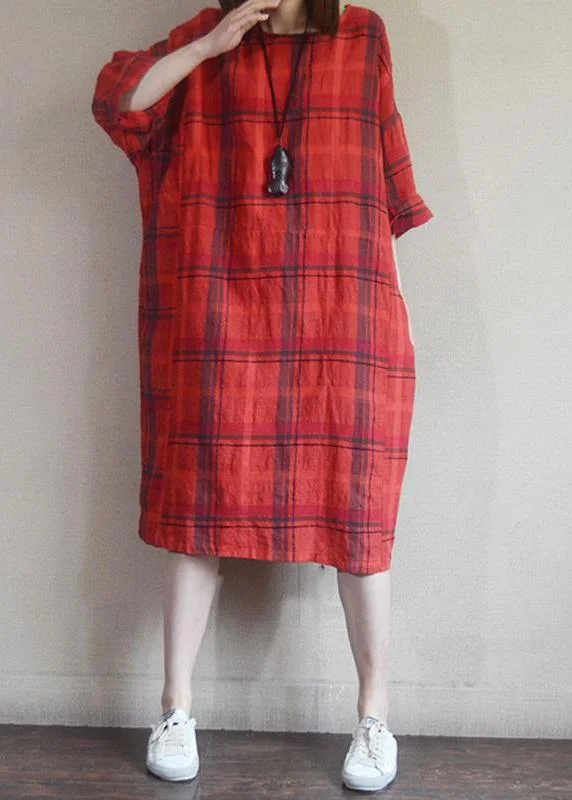 Chic Cotton tunic top 2024 Vintage Plaid Round Neck Cotton Linen Dress