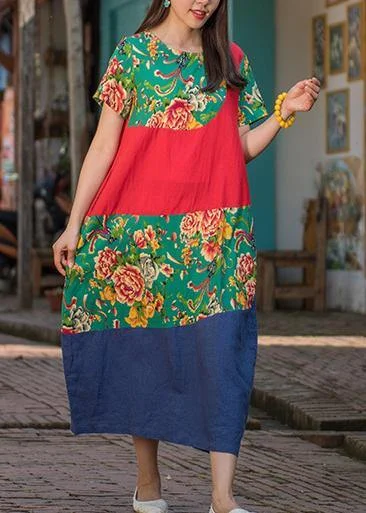 Chic green print linen clothes For Women o neck patchwork cotton summer Dresses