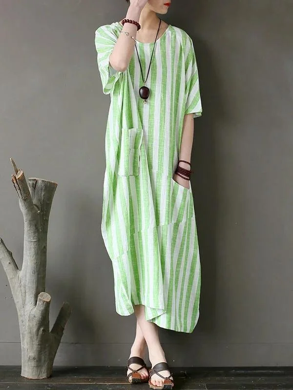 Chic o neck patchwork cotton dresses Tutorials green striped Traveling Dresses