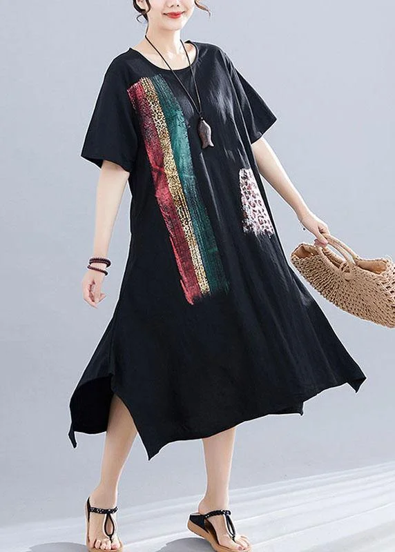 Chic o neck side open Cotton Tunics Work black print Dress summer