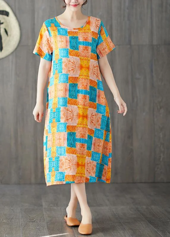 Chic orange red prints linen cotton dresses o neck Dresses summer Dresses