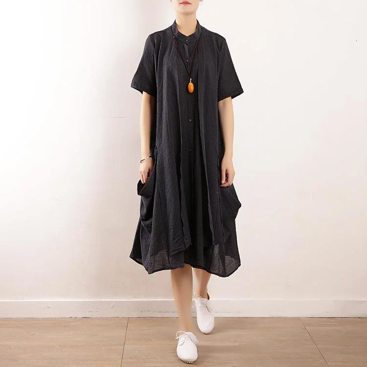 Chic stand collar pockets cotton linen v neck quilting dresses Tunic Tops black striped Dresses