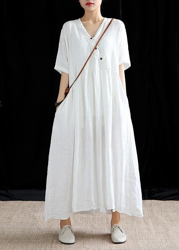 Chic v neck Extra large hem linen dresses Work white Dresses summer