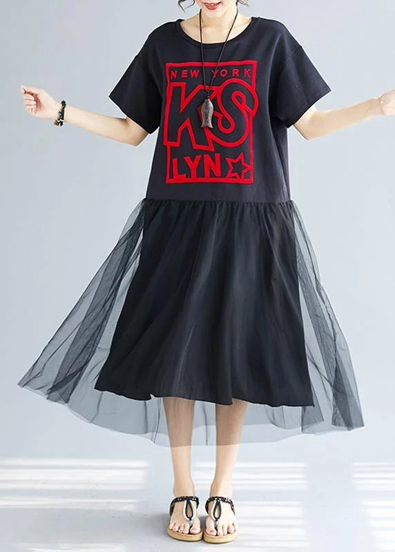 Classy patchwork tulle cotton quilting clothes Sewing black prints A Line Dress summer