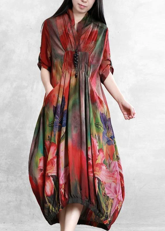 Classy red print dress v neck Cinched long summer Dresses