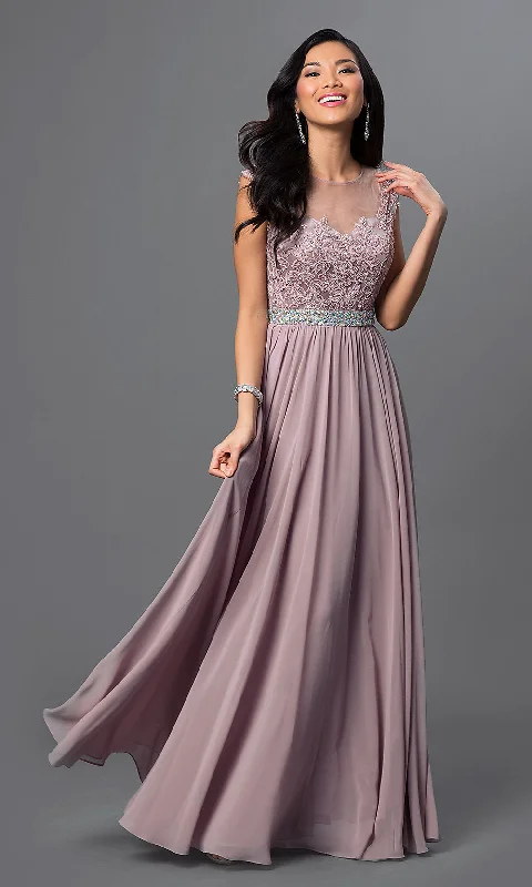 Embroidered Sheer-Bodice Formal Long Prom Dress