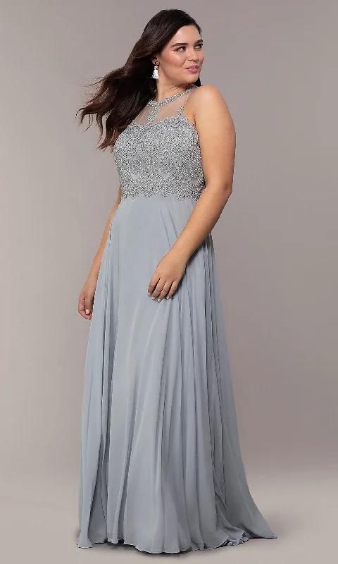 Long Chiffon Embroidered-Bodice Prom Dress