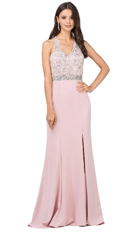Beaded-Bodice Long Prom Dress with T-Back