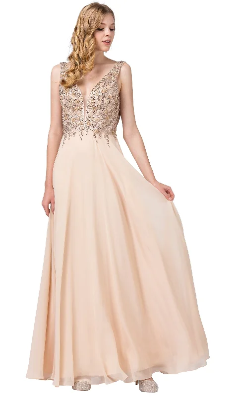 Champagne Long Beaded V-Neck Formal Dress