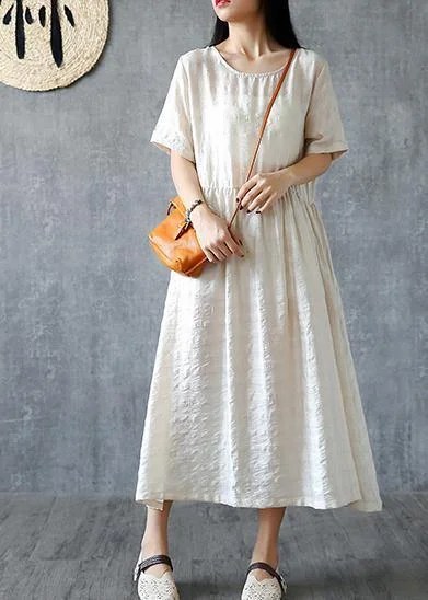 DIY beige linen quilting dresses o neck Cinched Kaftan summer Dresses