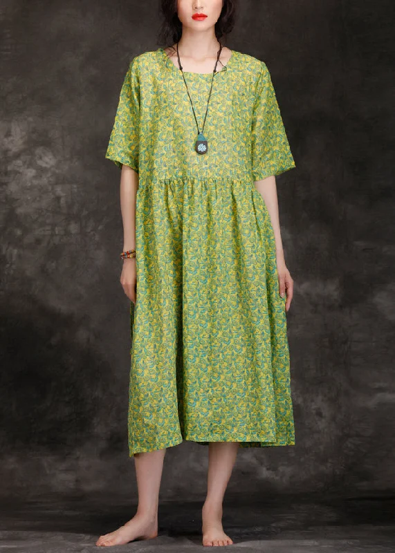 DIY green print linen clothes For Women Casual Work patchwork o neck Kaftan Summer Dresses DIY green print linen clothes For Women Casual Work patchwork o neck Kaftan Summer Dresses