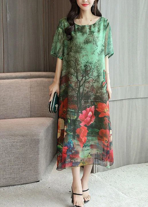 DIY o neck silk Tunics Work Outfits green print loose Dresses summer