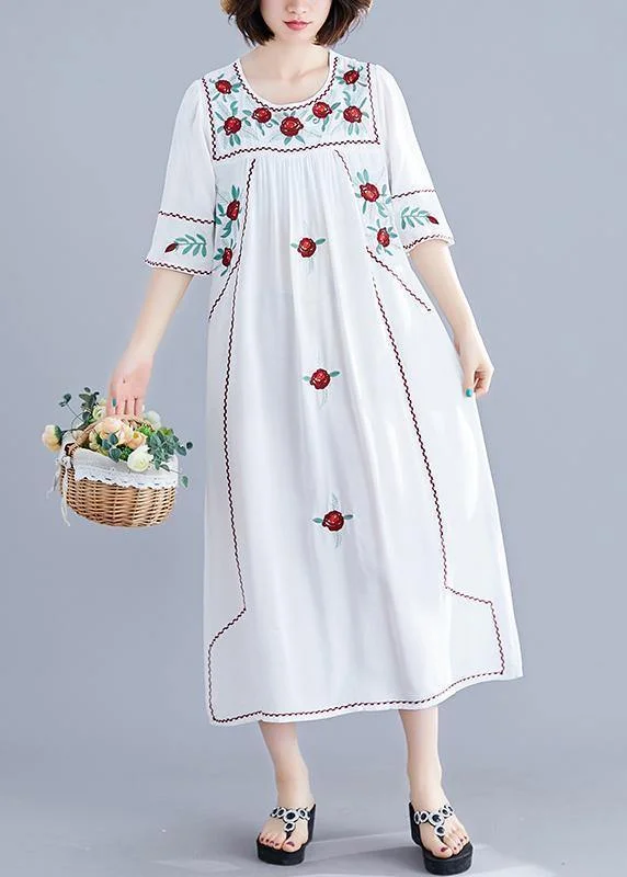 DIY o neck Cinched linen cotton clothes For Women Work white embroidery Dresses summer