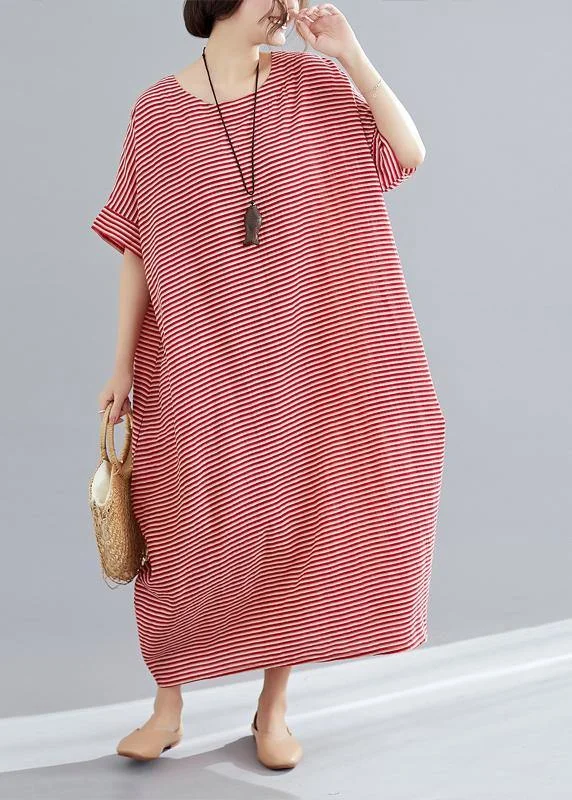 DIY red striped cotton tunics for women Plus Size Tutorials o neck A Line Summer Dresses