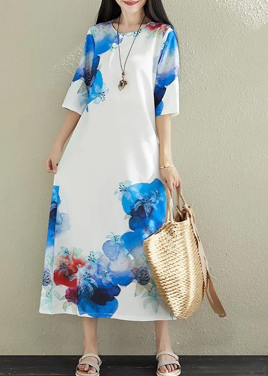 DIY white prints silk dresses stand collar long summer Dress