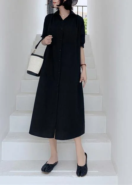 Elegant black back open cotton tunics for women lapel collar Art summer Dress