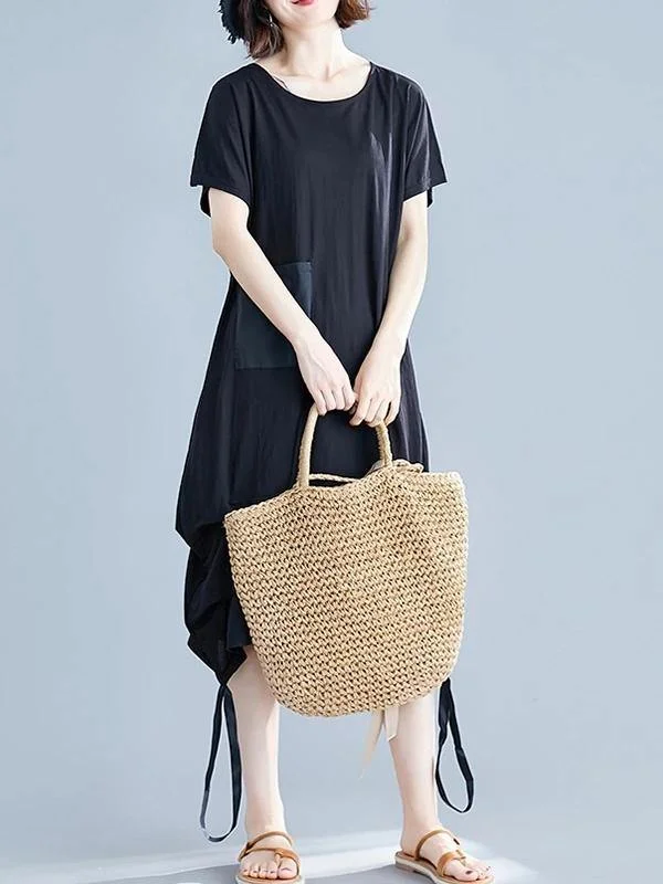Elegant black Cotton clothes o neck asymmetric shift summer Dresses