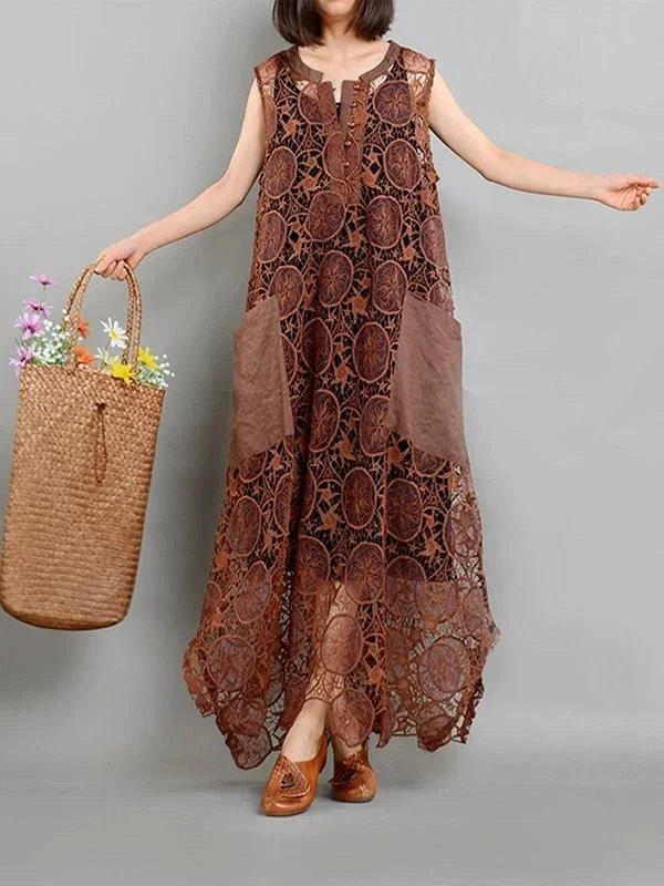 Elegant brown quilting dresses pockets asymmetric long summer Dresses