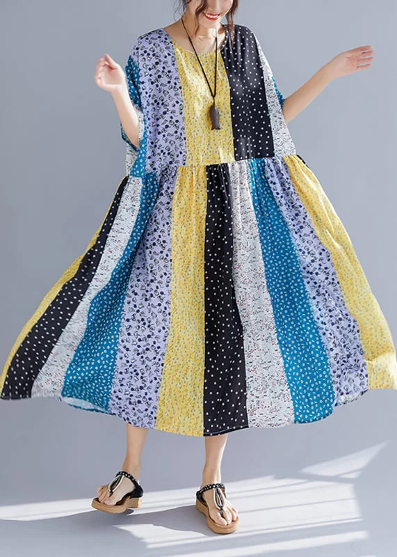 Elegant multicolor cotton dresses plus size Sewing o neck patchwork Kaftan Summer Dresses