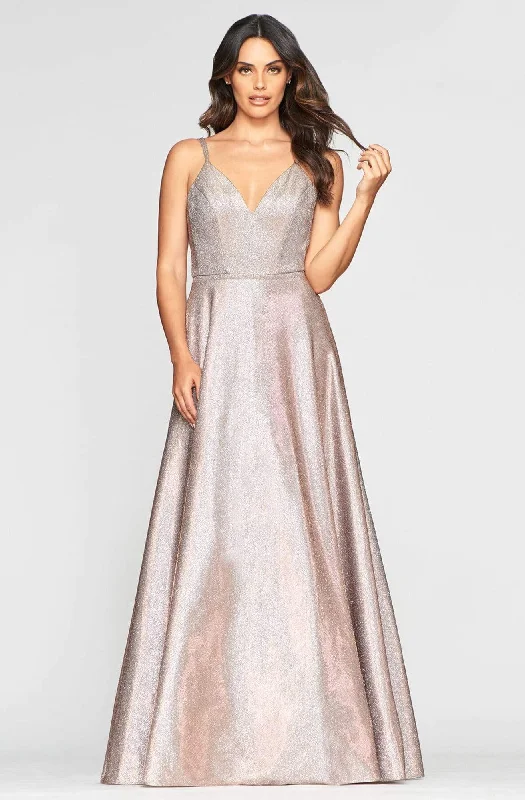 Faviana - S10424 Plunging V-neck Glitter Jersey A-line Gown