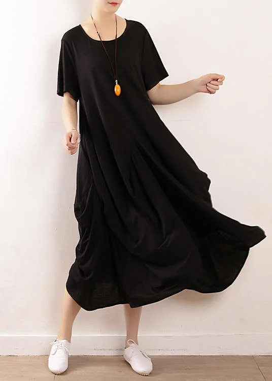 French black linen quilting dresses Fitted Sleeve big hem A Line summer Dress