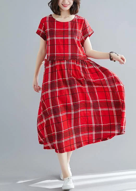 French red plaid linen cotton quilting clothes big hem Dresses summer Dresses