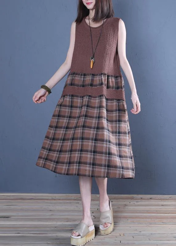 Handmade chocolate plaid linen dresses o neck patchwork Dress