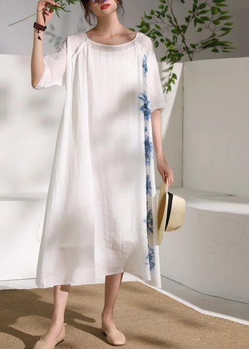 Handmade white print linen clothes For Women o neck half sleeve A Line summer Dresses