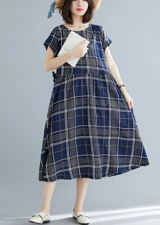 Italian drawstring cotton dresses Work Outfits blue plaid Dresses summer