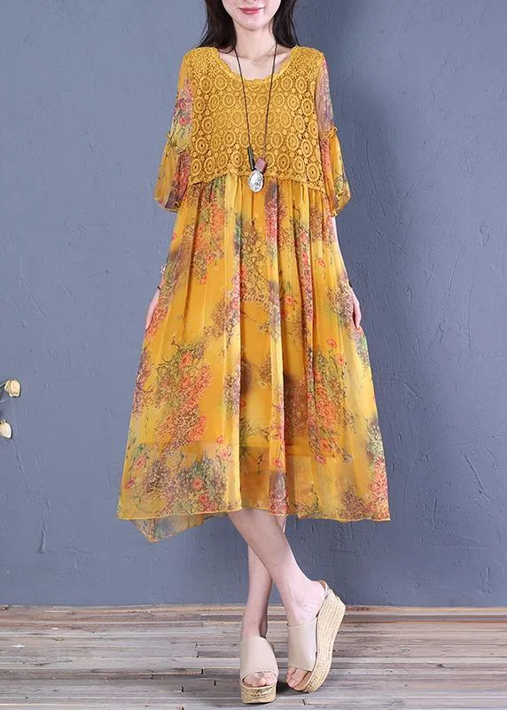 Italian o neck Butterfly Sleeve Cotton Fabrics yellow print Dress