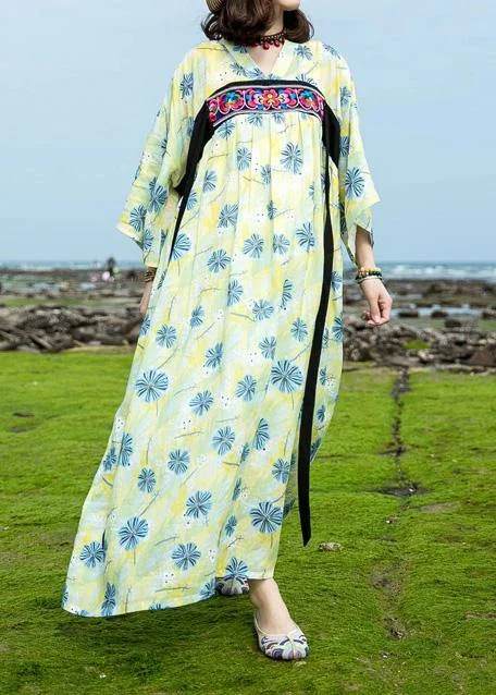 Italian yellow green print cotton linen clothes For Women o neck Traveling summer Dress