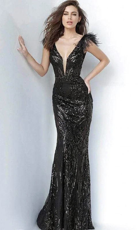 Jovani - 3180 Feathered Cap Sleeve Sequin Prom Dress