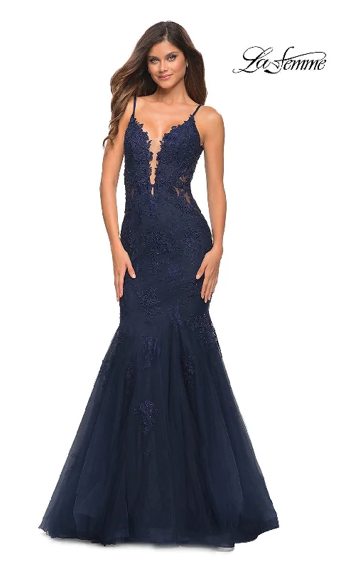 La Femme Embroidered-Lace Long Mermaid Prom Dress