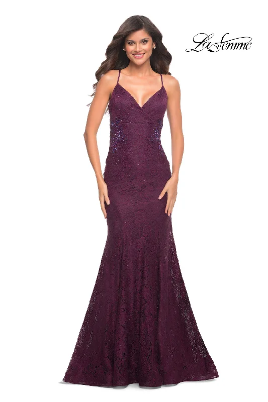 La Femme Long Lace Formal Dress with Corset Back